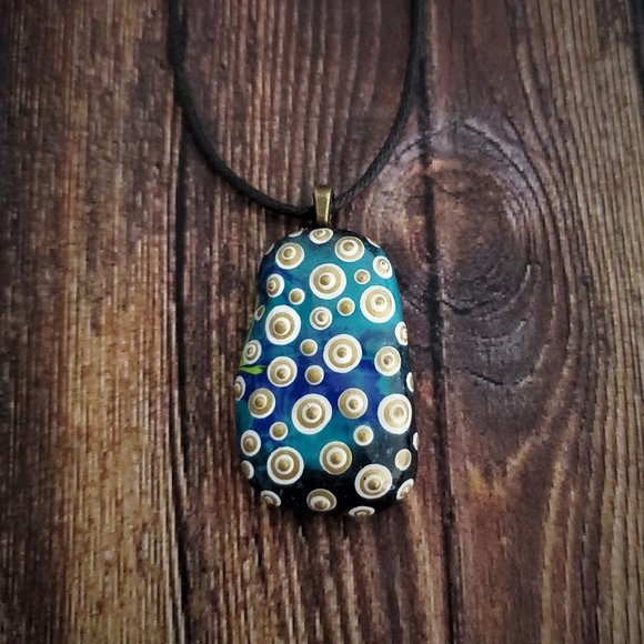 Hand Painted Dot Art Pendant. Ocean Blues Gold and White - Picture 6 of 8
